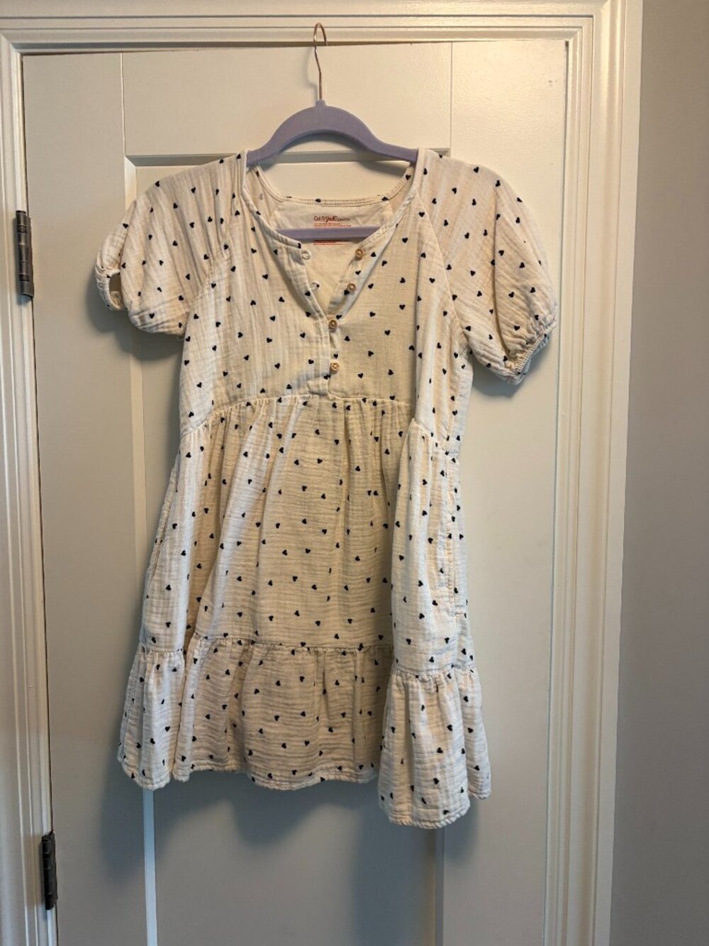 Girl's Cat & Jack Cream & Black Heart Print Gauze Dress with Puff Sleeves